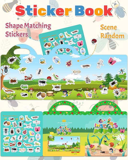 Benresive Reusable Sticker Books for Toddlers, Fun Travel Stickers for Kids, Toddler Sticker Book, Crafts Activities for Toddlers, 3 and Up Birthady Gifts - Insect