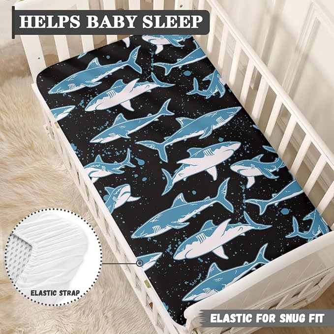 Blue Sharks Fitted Crib Sheet Marine Sharks Baby Crib Sheet Fit Standard Crib and Toddler Mattress,Crib Mattress Sheets for Boys Girls 28"x52"
