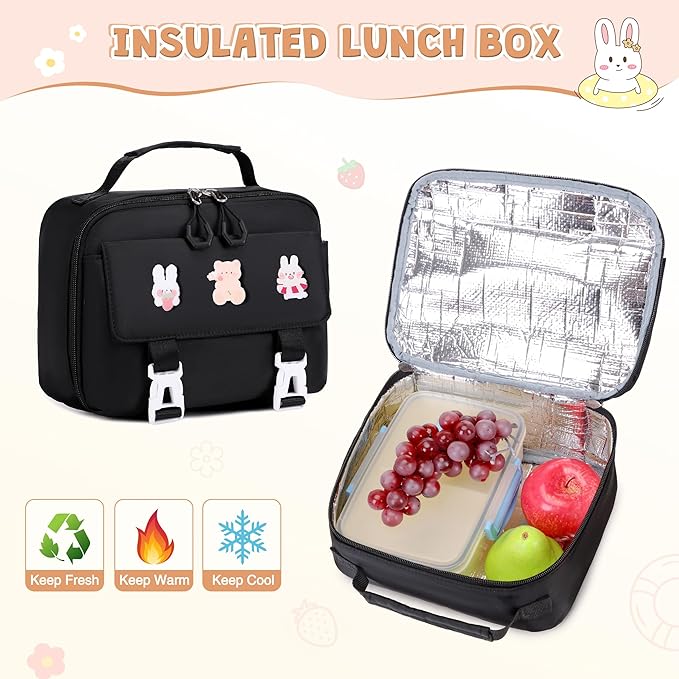 DIGOBAY 3PCS Girls Backpack for School, Kids Backpack for Girls with Lunch Box Pencil Case Set for Teen Girl Elementary Primary Middle High College School Bookbag with Cute Pins (Black)