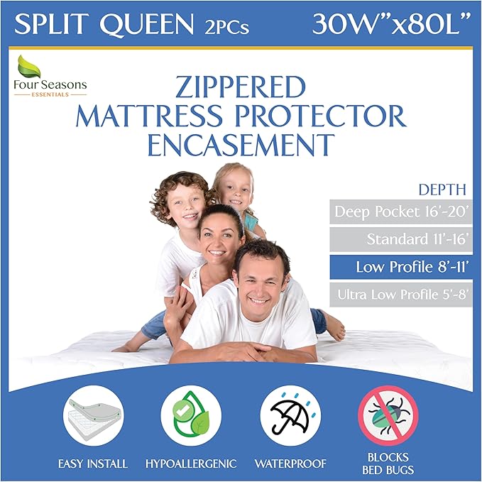 Split Queen Mattress/Box Spring Encasement 30" x 80" (2PCs) - Waterproof Zippered Protector Premium Quality Hypoallergenic Bed Cover Protects Against Dust - Breathable Smooth Fabric