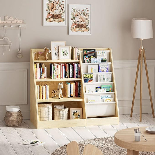 HedoAjim 4 Tier Kids Wooden Bookshelf,Five Layer Sling Children Bookcase,Baby Storage Book Rack,Book and Toy Organizer Cabinet Chest,Book Display Shelf,Playroom Nursery Classroom Library