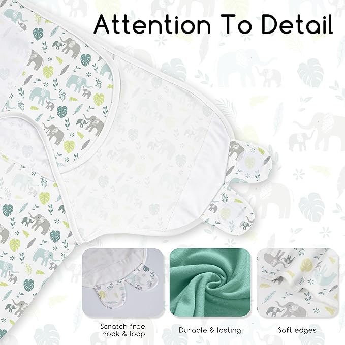 Baby Swaddles for Newborn Organic Cotton,Soft & Snug Newborn Velcro Swaddle 0-3 Months Sleep Sack Helps Calm Startle Reflex, 2-Pack Wrap Nursery Swaddling Blankets Sage Elephant