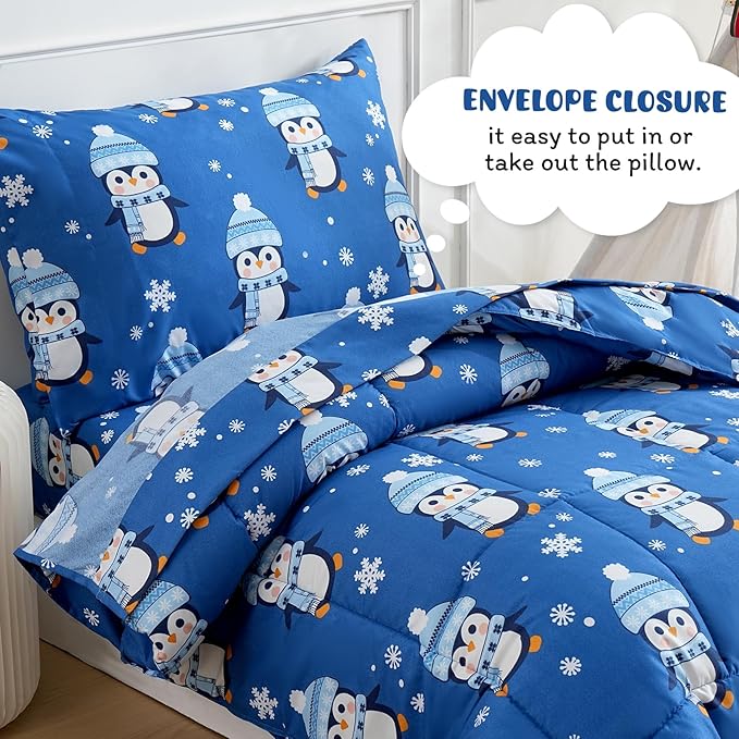 JSD Christmas Toddler Bedding Set, 4 Piece Blue Penguin Snowflakes Bed-in-Bag Comforter Sheet Set, Machine Washable