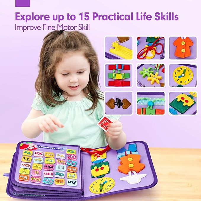 hahaland Busy Board Montessori Toys - 3 Year Old Girl Gifts Bithday Gift Ideas - 8 in 1 Preschool Learning Activities - Educational Toys Easter Basket Stuffers for Toddler Age 3 Travel Busy Book