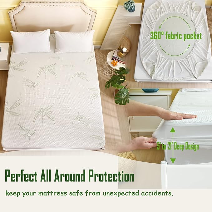 King Size Waterproof Mattress Protector, Premium Cooling Viscose from Bamboo Mattress Pad, Breathable, Noiseless, Cooling & Machine-Washable Bed Cover with 21" Deep Pocket