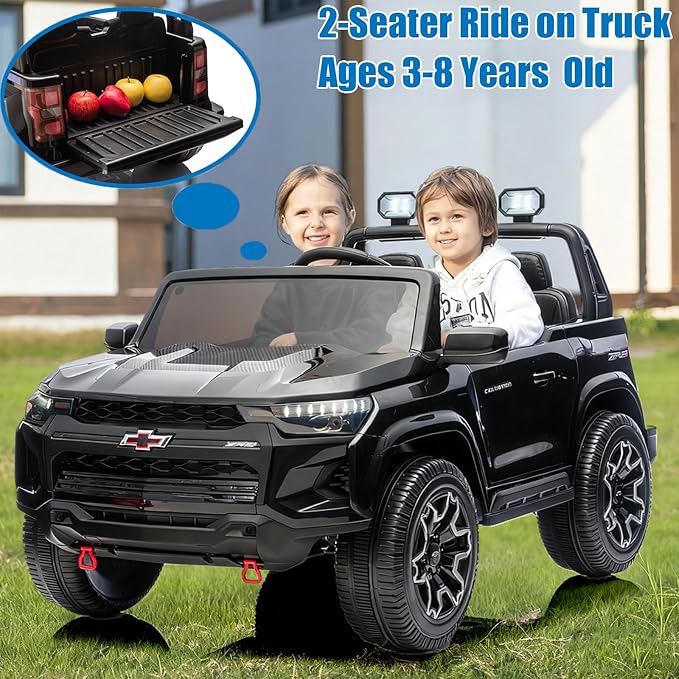 POSTACK Official License Chevrolet 24V 7Ah Big Battery Powered Kids Ride On Toy Car 2-Seater Truck with Remote Control,LED Bright Lights and Music Play Children Gifts for Boys and Girls Black