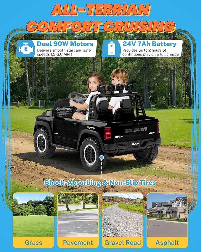 ENYOPRO 24V Ride on Toys for Big Kids, Licensed RAM 1500 RHO 2 Seater Toddlers Ride on Car w/Remote Control, Kids Electric Car w/Truck Bed Storage, Real Tailgate, Bluetooth, USB, LED Lights (Black)