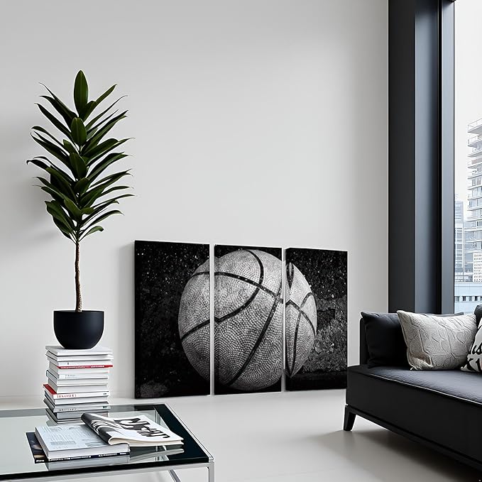 Nachic Wall Large 3 Panels Basketball Canvas Wall Art for Boys Room Vintage Black and White Sport Basketball Picture Posters Print for Gym Teenage Boy Bedroom Man Cave Decor Each Panel16x32Inch