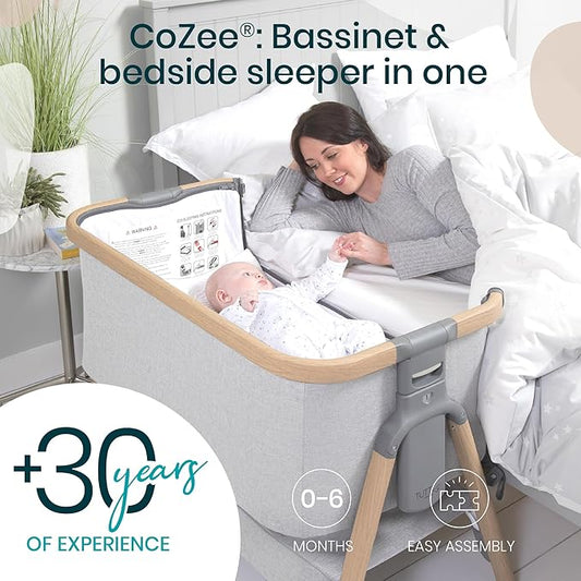 Tutti Bambini CoZee® 2-in-1 Baby Bassinet & Bedside Sleeper - Fast-Folding Bedside Bassinet, Baby Crib with 6 Mattress Heights & Breathable Mesh Window, Mattress Included, 0-6 Months (Silver & Oak)