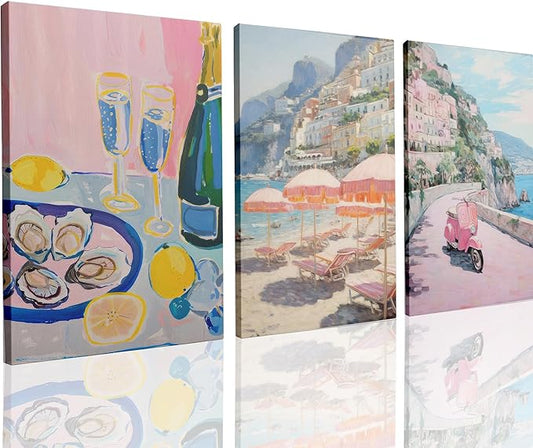 Framed Amalfi Coast Beach Wall Art Italian Beach Landscape Posters Pink Pastel Aesthetic Preppy Beachy Painting Prints Fruit Champagne Canvas Art Decor for Bar Girls Bedroom Dorm Apartment 24'' x 16''