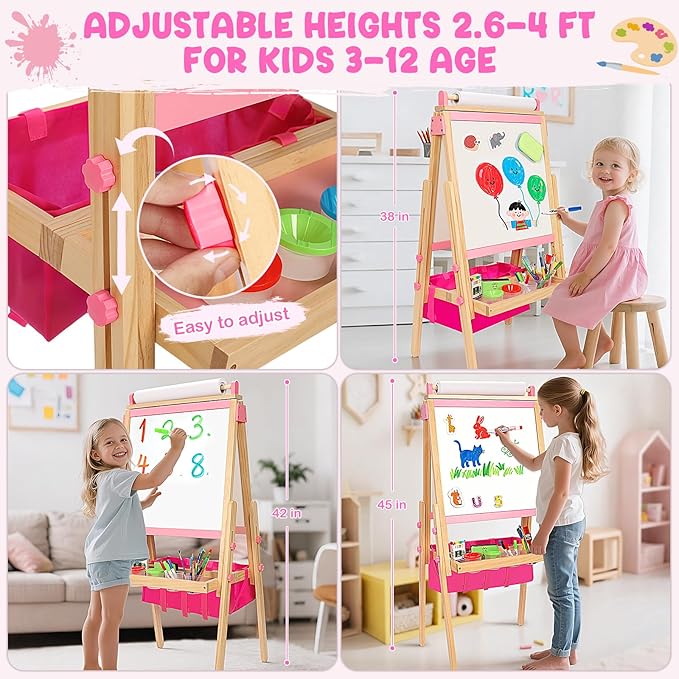 Wood Easel for Kids, All-in-ONE Adjustable Easel with Art Supplies, Magnetic Double Sided Whiteboard & Chalkboard, Ideal Christmas, Birthday Gift for Boys & Girls Age 3, 4, 5, 6, 7, 8+ Years Old