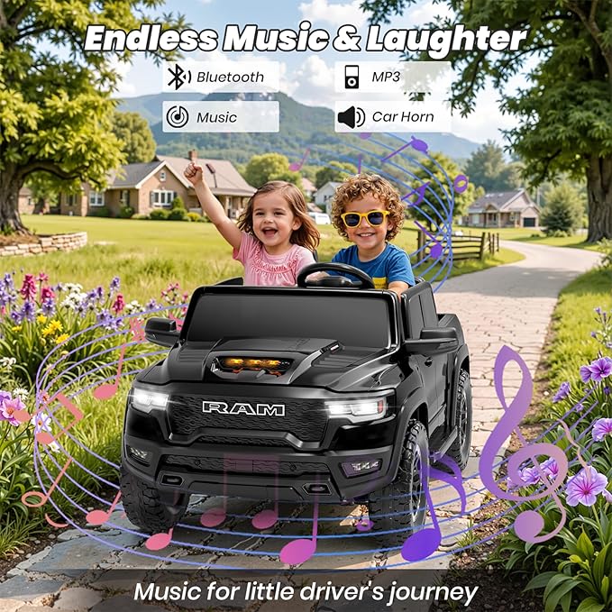 Licensed RAM 1500 RHO 2 Seater Electric Car, 24V Ride on Car for Big Kids with Remote Control, Toddler Ride on Toy w/4 Wheels Suspension, LED Lights, Bluetooth, Soft Start Function (Black)