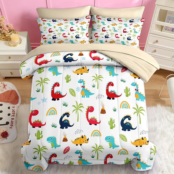 Nesker 4 Pcs Comforter Set Toddler Size, Cute Cartoon Dinosaur Bedding for Kids Teen, Colorful Dino Bed Sheet with Pillowcase & Sham