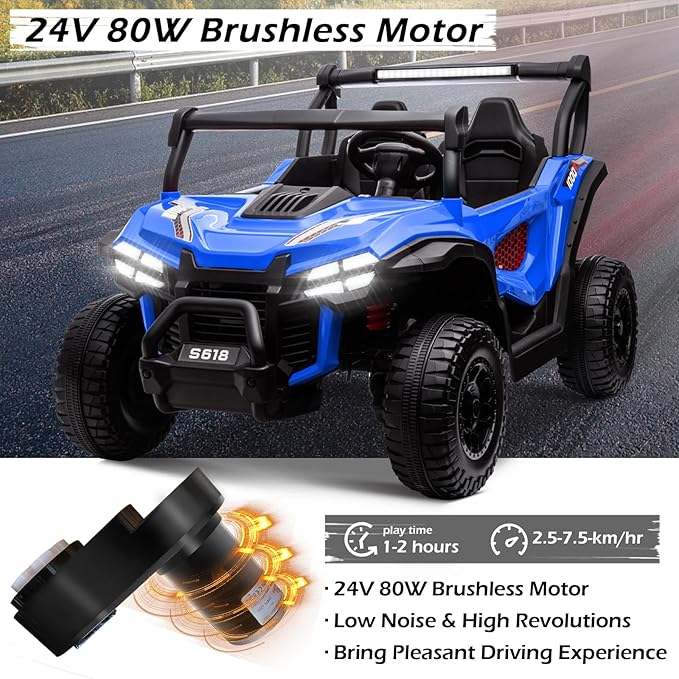 MOLACHI 24V 2 Seater Kids Ride on UTV Car,4WD Battery Powered Electric Vehicle for Kid,Ride On Truck with Remote Control,Safety Belts,3 Speeds (Blue)