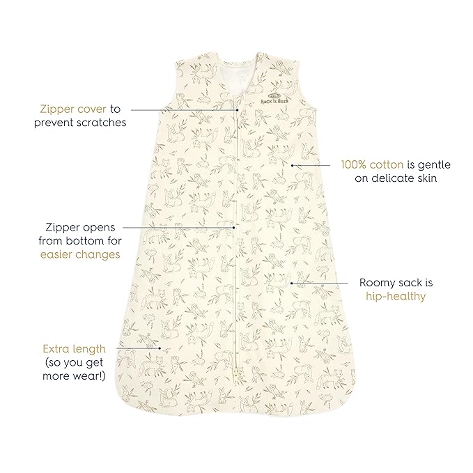 HALO SleepSack, 100% Cotton Wearable Blanket, Swaddle Transition Sleeping Bag, TOG 0.5, Lullaby Forest, Small, 0-6 Months