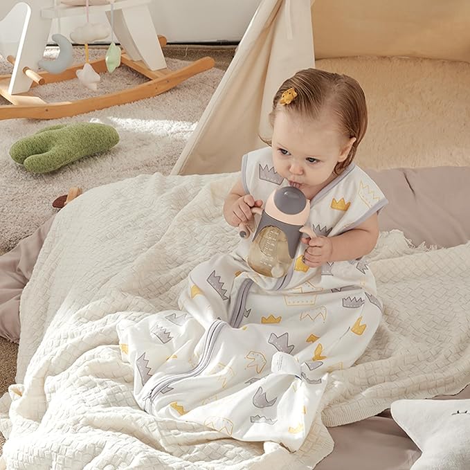 TILLYOU 2 Pack Infant Sleep Sack 0-6 Months 100% Cotton Wearable Blanket 0.5 TOG Sleeveless Summer Sleep Sacks with 2-Way Zipper, Gray Crown