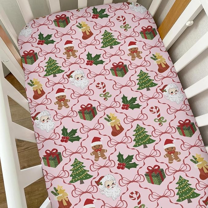 Pink Santa Christmas Bows Baby Crib Sheets for Boy Girl Retro Christmas Trees Stockings Fir Gifts Soft Snug Fitted Crib Mattress Covers for 52x28 Standard Crib & Toddler Mattress Winter Baby Sheets