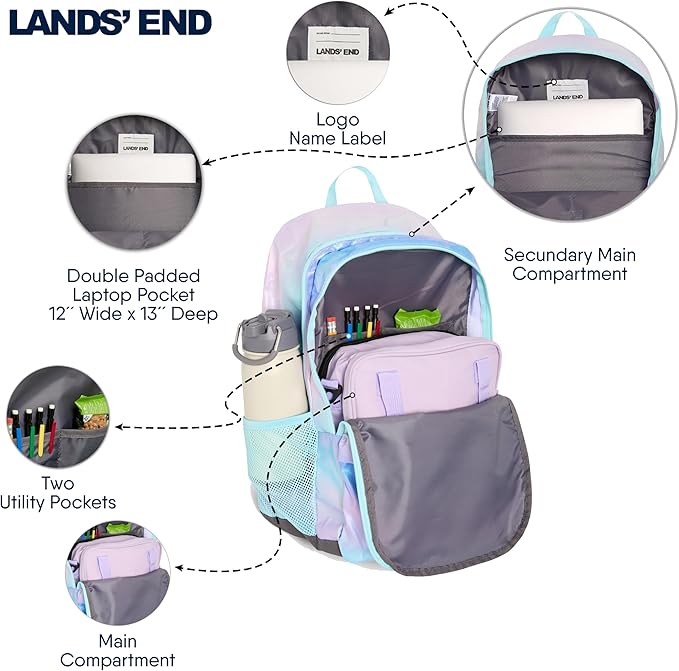 Lands' End Unisex Kids Large ClassMate Lightweight Durable Elementary School Backpack, Pastel Lilac