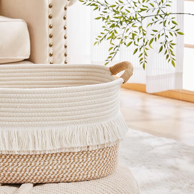 BUBUSUN Storage Bins Woven Baskets for Storage Set of 3, Cotton Rope Basket with Handles for Toys/Shelves/Laundry, Rectangle Multi-Purpose Organizer for Living Room, Bedroom, Nursery (White/Brown)