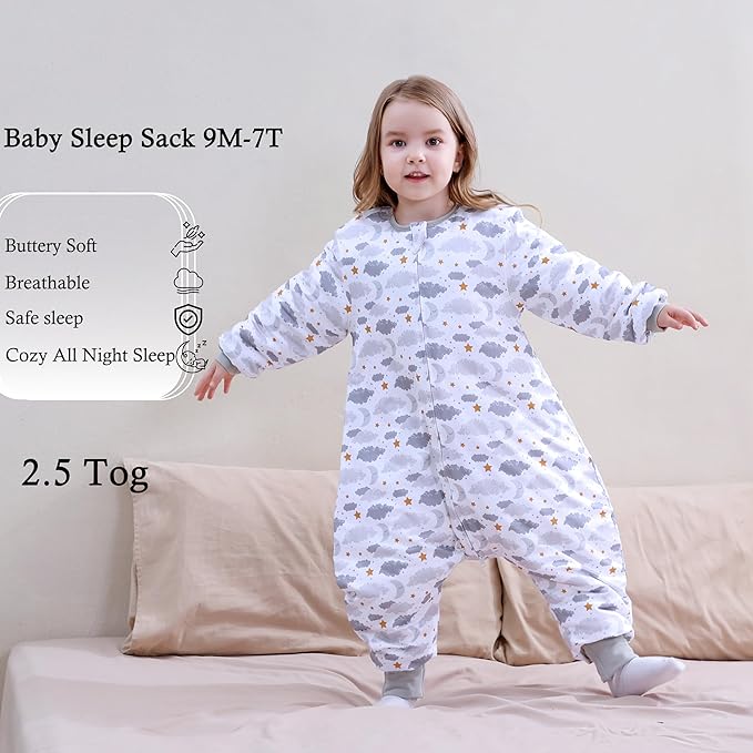 Toddler Sleep Sacks 2.5 TOG Winter Long Sleeve Sleep Sack with Legs 2-Way Zipper Baby Wearable Blanket