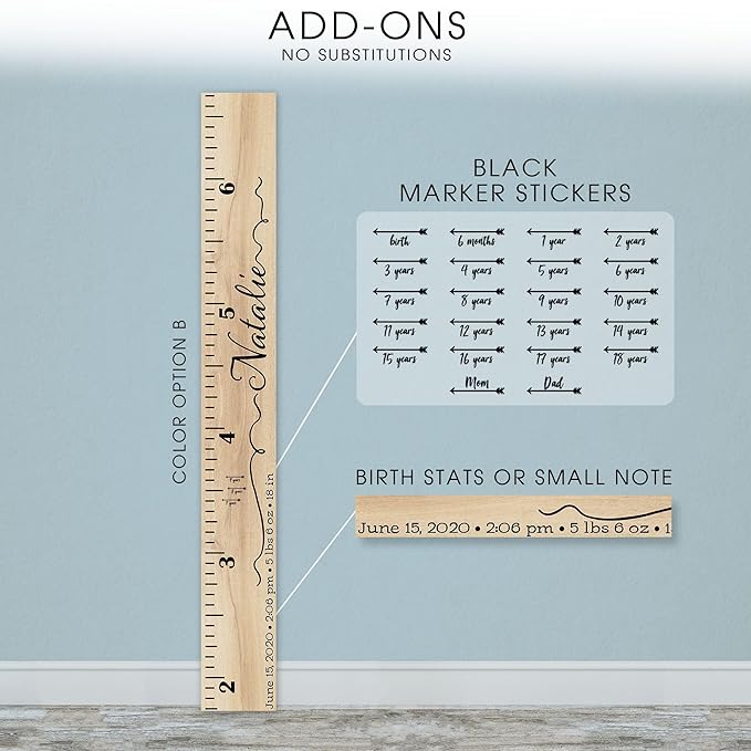 Wooden Kids Growth Height Chart Ruler for Boys and Girls Painted or Engraved (Script Ribbons)