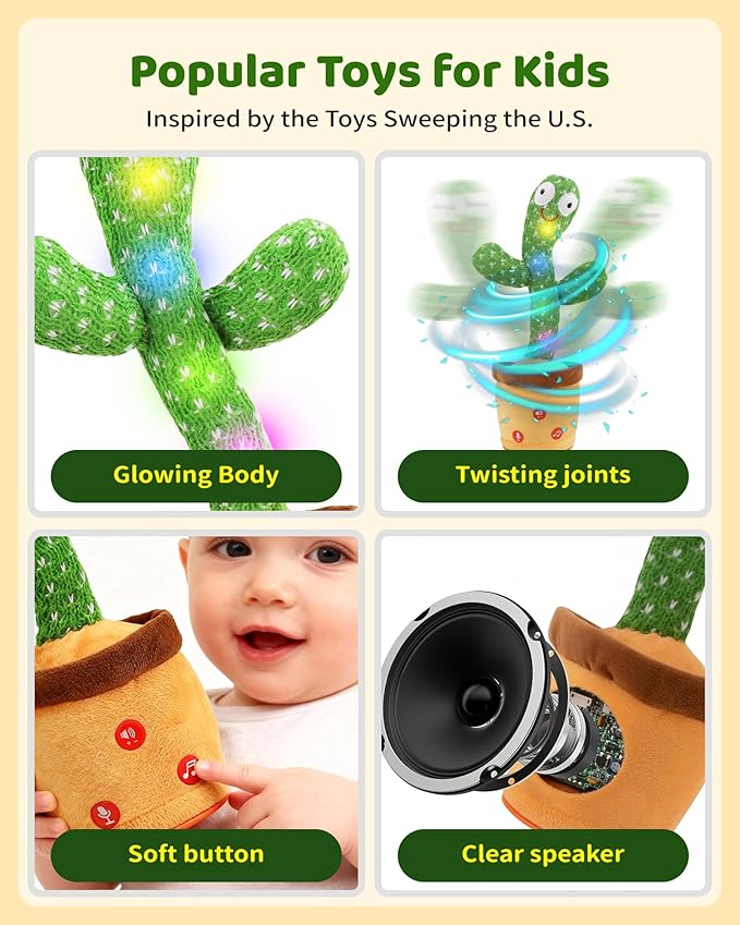 Dancing Talking Cactus Baby Toy, Mimicking & Repeating with Singing, Dancing and Recording, Volume Adjustable, Stocking Stuffers for Infants Toddlers Boys and Girls