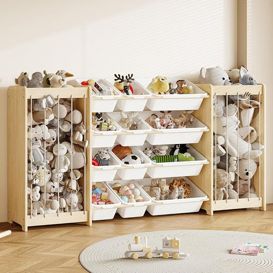 EXPERLAM Toy and Stuffed Animal Storage, 12-Bin Toy Shelf with Double-Sided Stuffed Animal Holder & Thicker Elastic Ropes, Space-Saving Solid Wood Toy Organizer for Playroom, Nursery, Bedroom, White