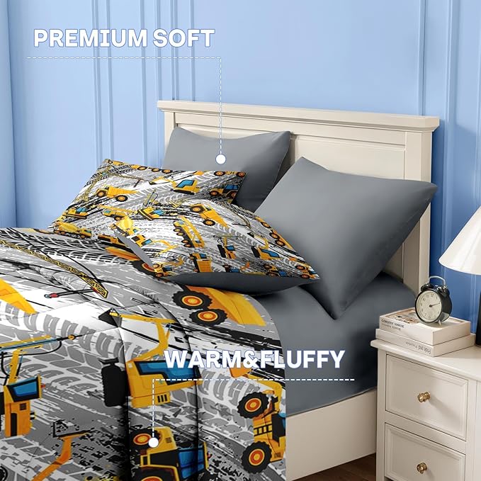 Nesker 4 Pcs Comforter Set Toddler Size, Cartoon Yellow Vehicle Bedding for Kids Teen, Trucks Construction Bed Sheet with Pillowcase & Sham