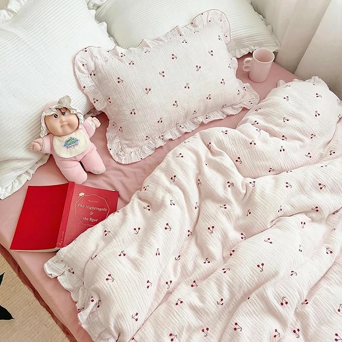 BuLuTu Crib Bedding Duvet Cover for Boys Girls Cotton Muslin Baby Crib Duvet Cover Nursery Bed Decoration Gift, 47"x59", Cherry Print (No Pillowcases)