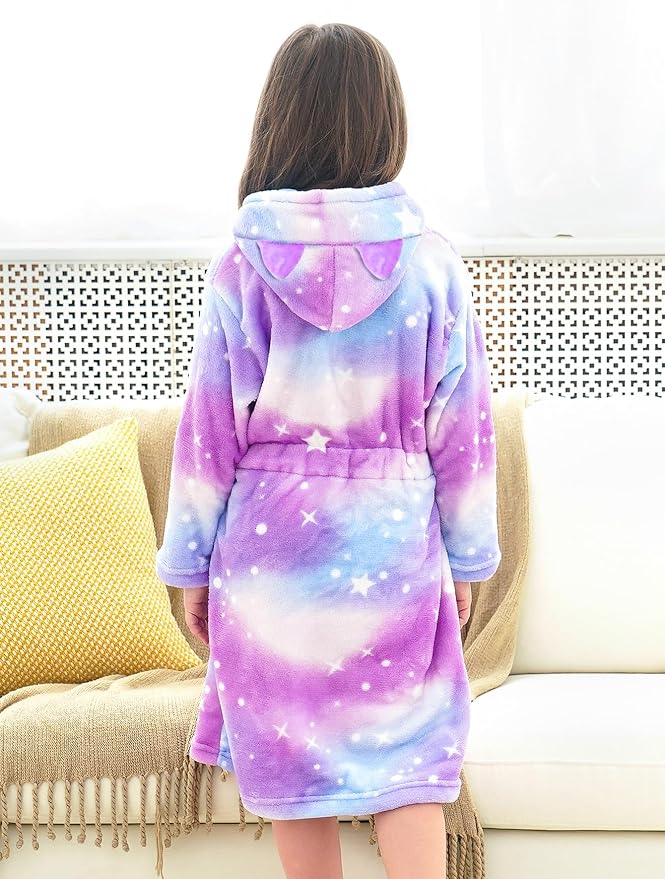 Doctor Unicorn Girls Leopard Cat Robe Kids Fleece Warm Hooded Bathrobe