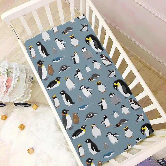 Penguin Birds Cute Crib Sheets Soft Breathable Fitted Baby Crib Sheets Mattress Cover for Girl Boys, 52" x 28" x 9"