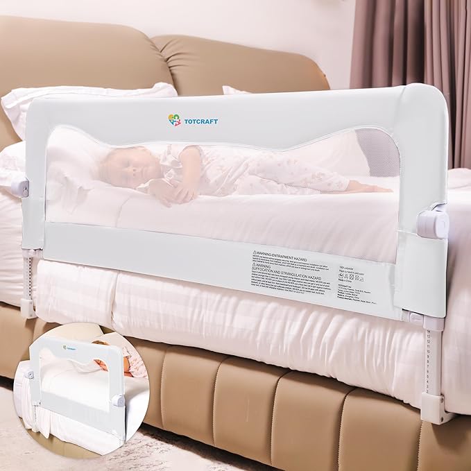 TotCraft FlexGuard Adjustable Length & Height Bed Rail for Toddlers – Fits Twin, Full, Queen & King Beds – 35.5″ or 59″ Two Fixed Lengths – 14 Height Levels – ASTM Certified Kids Safety Guard (White)