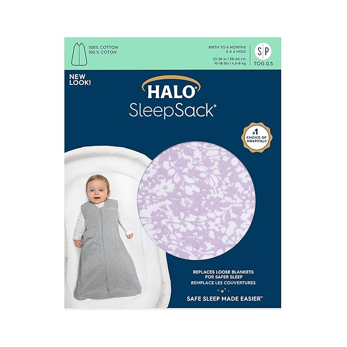 HALO SleepSack, 100% Cotton Wearable Blanket, Swaddle Transition Sleeping Bag, TOG 0.5, Aster Flowers-purple, Large, 12-18 Months