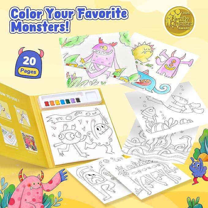 JoyCat Paint with Water Coloring Books for Toddlers, Watercolor Painting Sets for Kids Ages 3-5 4-8, Arts and Crafts Drawing Activities Toy Birthday Gift for Boys Girls (Monsters)