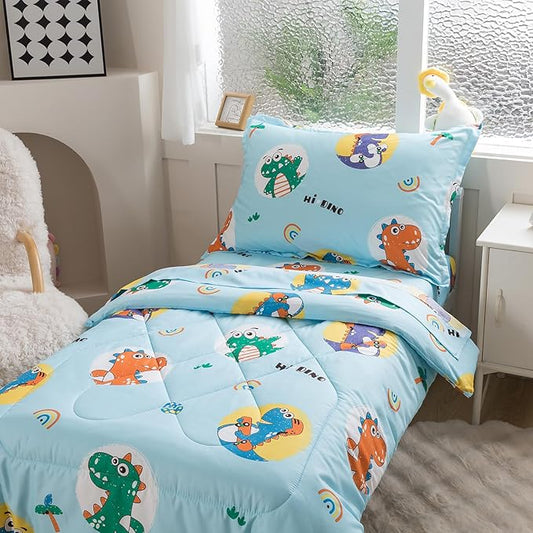 Caressma 5 Pieces Comforter Set Bed-in-a-Bag Twin Size, Soft Brushed Microfiber Kids Comforter with Lovely Blue Dinosaurs Pattern, Includes Comforter, Fitted Sheet, Flat Sheet & Pillowcase & Sham