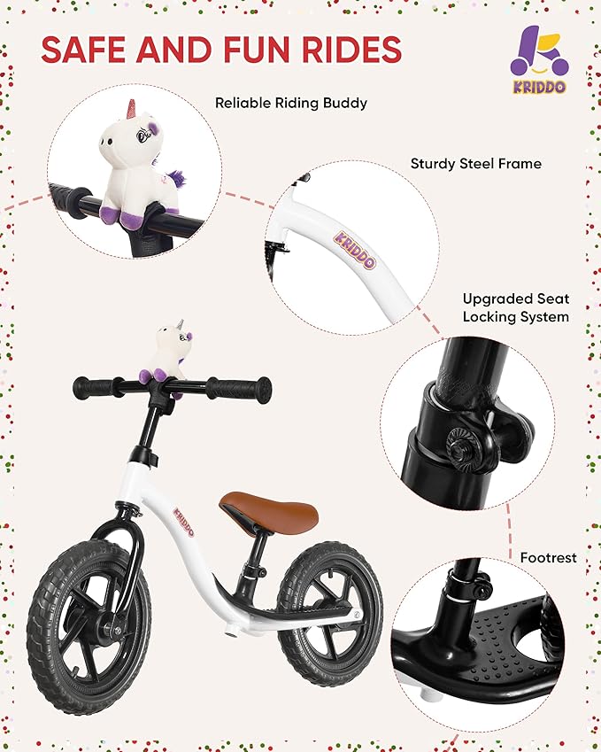 KRIDDO Toddler Balance Bike 2 Year Old, Age 24 Months to 5 Years Old, Early Learning Interactive Push Bicycle with Steady Balancing, Gift Bike for 2-5 Boys Girls, White