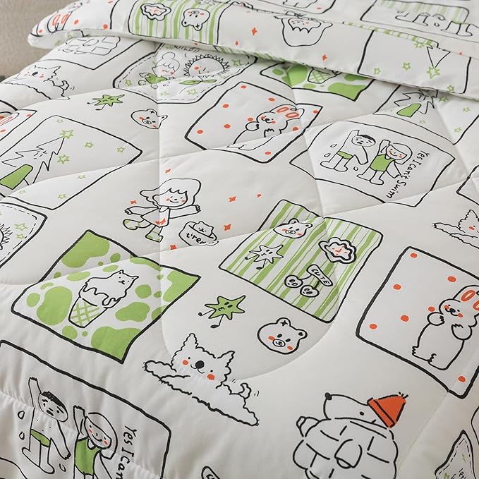 Caressma White Toddler Bedding Set - 4 Piece Bed Set Includes Comforter, Fitted Sheet, Flat Sheet & Pillow Case - Cute Cartoon Pattern for Boys and Girls