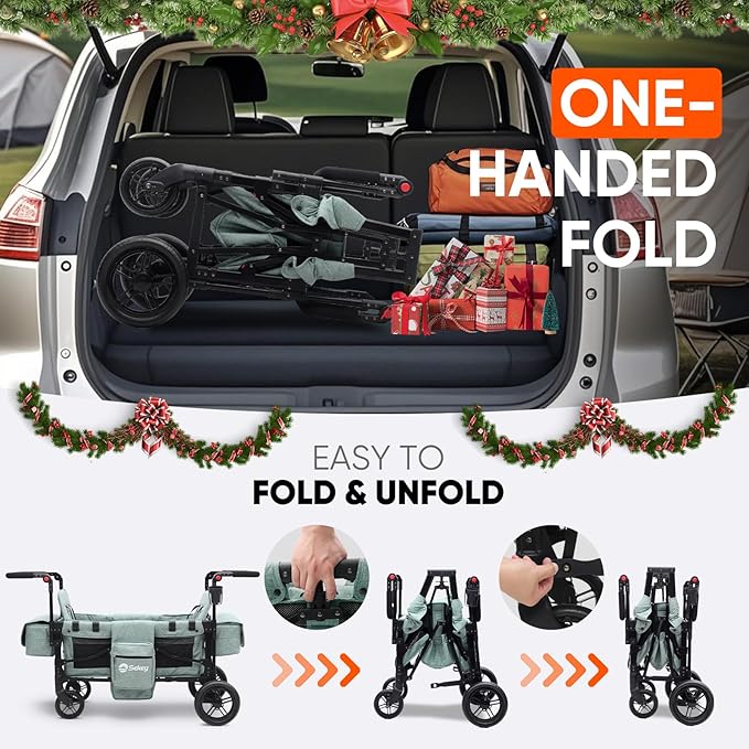 Sekey Wagon Stroller for 2 Kids, Luxury 4-in-1 Stroller Wagon - Premium Quality with Convertible Seats, Adjustable Push Handles, Removable Canopy, Snack Tray & Cooler, US Certified. Green