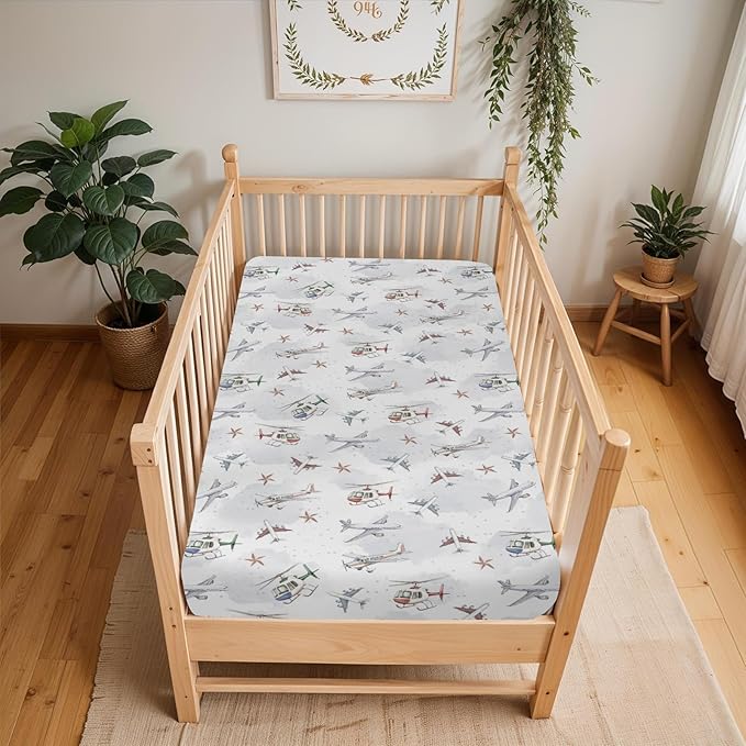 Vintage Planes Airplanes Helicopters Baby Crib Sheets Boy Girl 28"x52" Plane Stars Clouds Sky Soft Stretchy Fitted Crib Mattress Cover Baby Sheet for Standard Crib & Toddler Mattress Pad