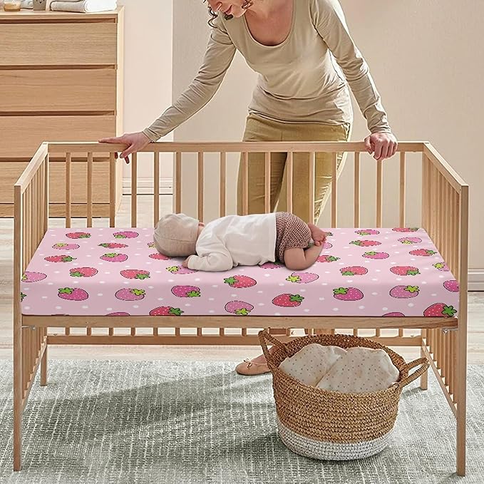 Pink Strawberry Fitted Crib Sheet for Girls Cute Strawberries Baby Sheet for Standard Crib and Toddler Polka Dots Fruit Nursery Bed Mattress Sheets 28"x52"