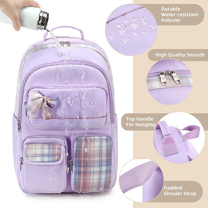 KIDNUO Backpack for Girls,School Backpacks for Teen,Cute College Bags for Women Students Large Bookbag 15.6 Inch Laptop Bag Back Pack Kids Kindergarten Elementary Casual Travel Daypacks Purple