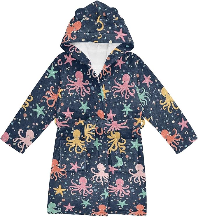 Toddler Baby Hooded Bathrobe for Boys Girls Soft Plush Bath Towel Robe with 2 Pockets for 2-12 Years