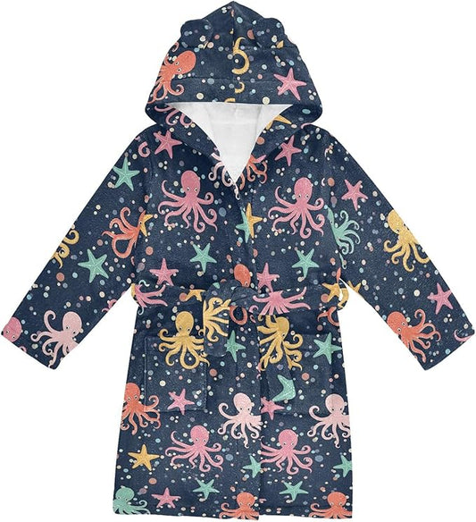 Toddler Baby Hooded Bathrobe for Boys Girls Soft Plush Bath Towel Robe with 2 Pockets for 2-12 Years