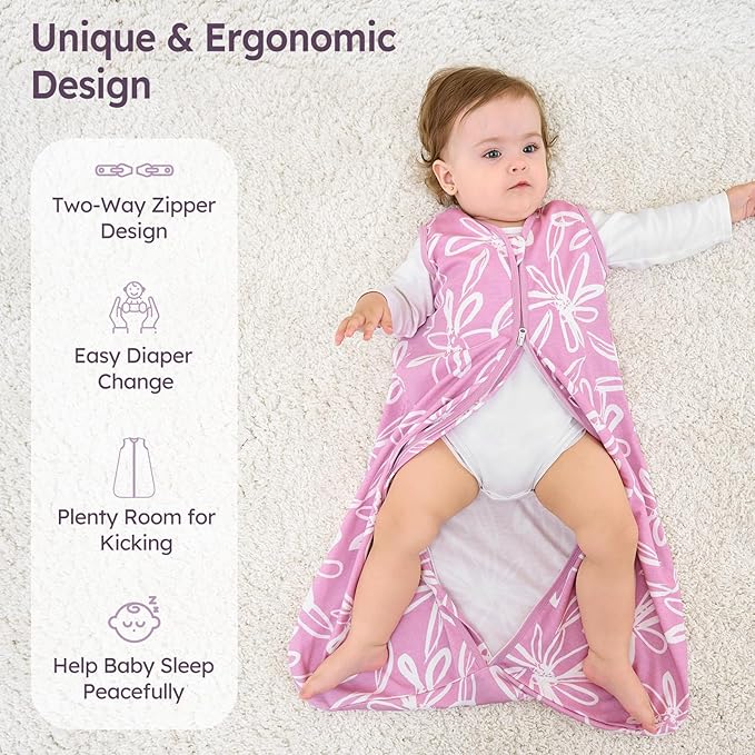 Baby Sleep Sack 12-18 Months 3 Pack 100% Cotton Lightweight 0.5 TOG Wearable Blanket Baby Sleep Bag with 2-Way Zipper for Newborn Infant Purple Leaf