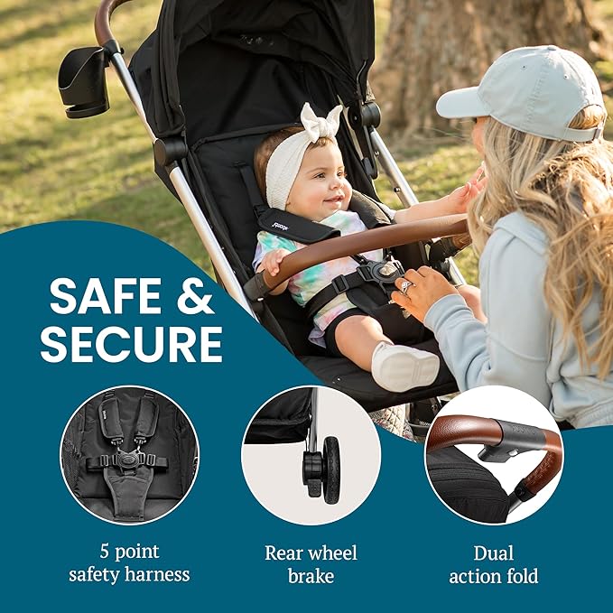 Bombi Bēbee V2 Lightweight Baby Stroller - Premium Vegan Leather, One-Hand Fold, Infinite Recline, Aircraft-Grade Aluminum Frame, XXL Canopy, and Ample Storage Umbrella Stroller - Hickory