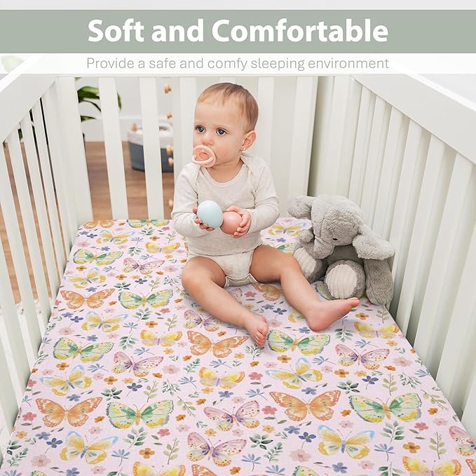 Watercolor Butterflies Spring Floral Baby Crib Sheets Boy Girl 52"x28" Pastel Flowers Leaves Soft Stretchy Fitted Crib Mattress Cover Easter Garden Baby Sheet for Standard Crib and Toddler Mattress