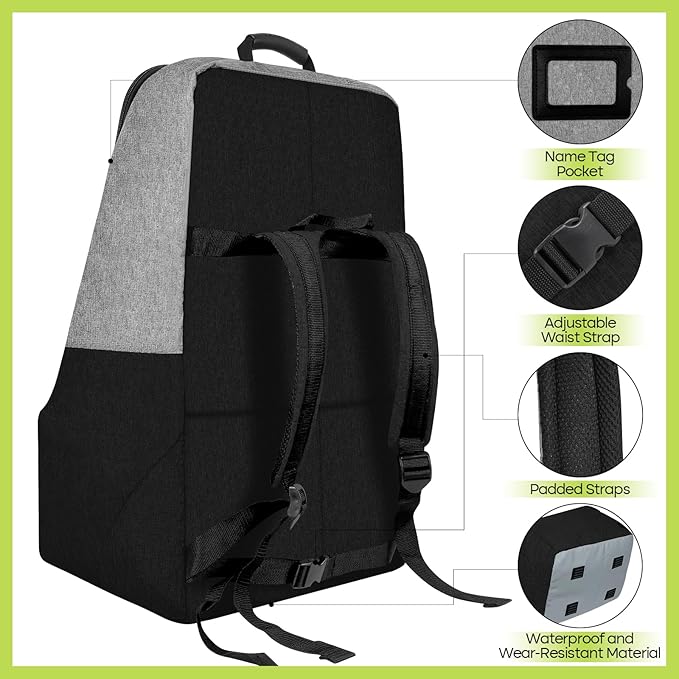 ZRRAJOY Padded Car Seat Travel Bag for Airplane, Heavy Duty Backpack for Air Travel, Water-Resistant Carrier with Shoulder Strap, Fits Most Car Seats (Grey+Black)