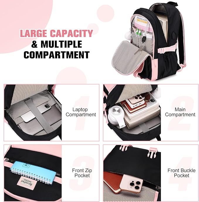 Bevalsa Backpack for Girls, School Backpacks for Girls, Kids Backpack with Lunch Box & Pencil Pouch for Teens Girl Kids Elementary Middle High School College Student Bookbag Daypack (Pink Black)