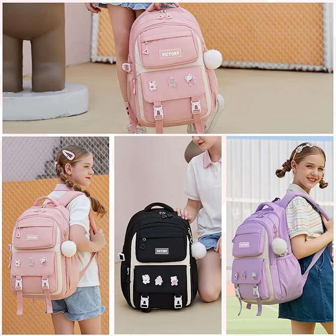AO ALI VICTORY Backpack for Girls 3 PCS Cute School Backpacks Elementary Kids Book Bag with Lunch Box Pencil Case Set Laptop College Travel Back Pack Large Bookbags for Girl Teens Women Student White
