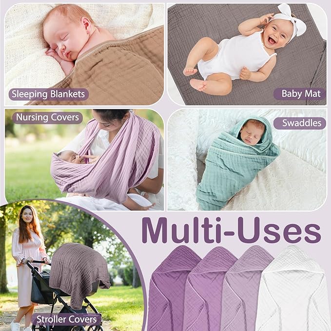 Peryiter 4 Pcs Muslin Hooded Baby Towels, 32x 32'' Cotton Newborn Bath Towel Muslin Infant Baby Blankets Absorbent Unisex Christmas Registry Gift Essentials for Girls Boys (Purple Series)